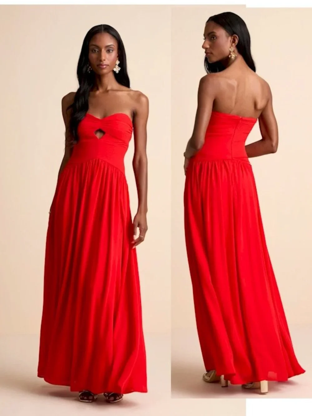 Lulus Rozala Bright Red Coral Pleated Strapless Maxi Dress Size Small New NWT